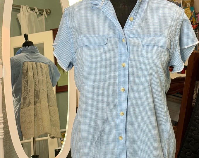 Featured listing image: Upcycled Ruffled Collar Shirt: blue check cotton white lace Blouse