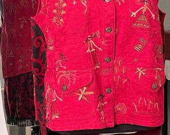 Women’s red black duster vest button front upcycled vest black fringed vest plus size embroidered Indian print quilted vest front pockets