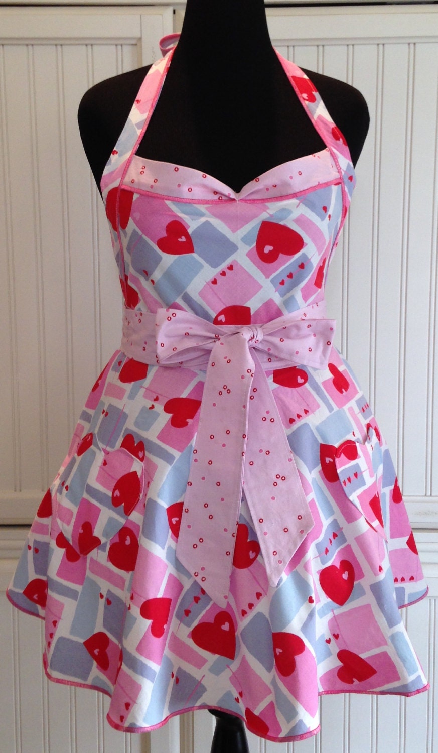 Valentines vintage style full Apron red pink blue hearts circle skirt