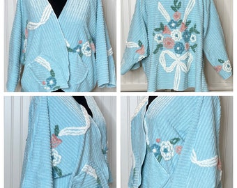 Womens Vintage chenille kimono jacket aqua white flowered upcycled handmade plus size Kimono sleeve jacket gift for her