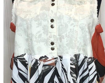 Womens XL cream denim duster vest up cycled orange white black bling skirt gathered panels Assymetric hemline