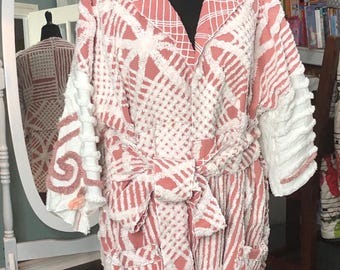 Womens Vintage chenille kimono robe rust white stripe handmade plus size
