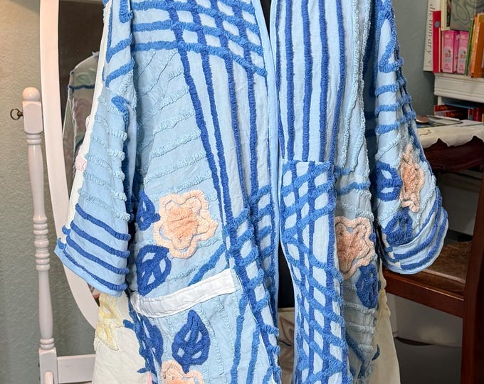 Featured listing image: Vintage chenille kimono  jacket; white, blue, pink, flowered upcycled handmade plus size