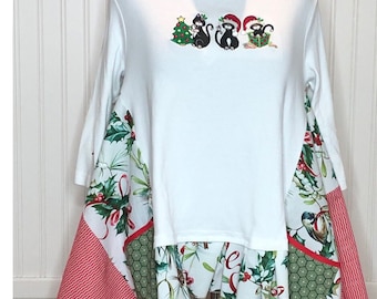 Women’s holiday tunic plus size white red green tunic tee red striped trim white tee embroidered Christmas cats mice holly print cotton