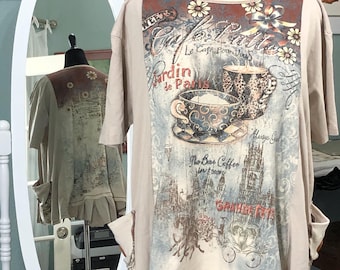 Womens taupe brown plus size tunic rhinestone paris tea coffee daisy graphic tee up-cycled tee pockets ruffled fringed hem