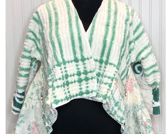 Womens Vintage chenille French fold shrug jacket lime Cream upcycled handmade plus size Kimono sleeve jacket vintage flowered cotton lined