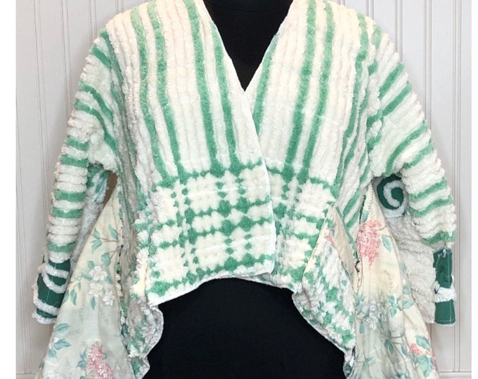 Featured listing image: Vintage Chenille Shrug Jacket: Upcycled Kimono Sleeve, Floral Lined