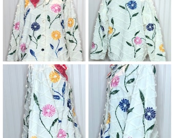 women’s Light cotton Large jacket upcycled White chenille embroidered flowers blue yellow pink shabby chenille flower clip button front