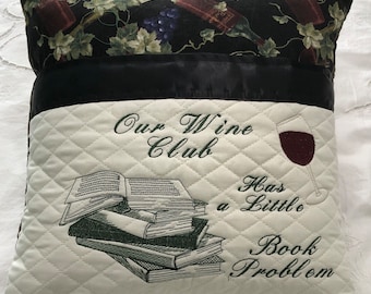 Book pocket pillow reading pillow gift for her wine book club embroidered pillow cover wine theme pillow grapes purple black green print