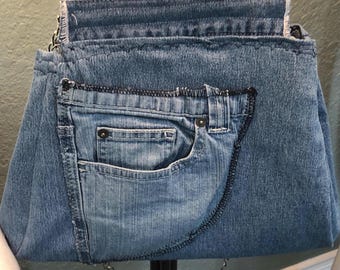 Women’s kiss lock metal frame purse: shoulder bag, silver color chain, silver handle, upcycled patchwork denim, cow print cotton, handmade