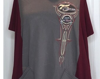 Women’s motorcycle tee shirt Tunic gray burgundy upcycled cotton tunic tee shirt short sleeve burgundy tee two pocket 3X plus size