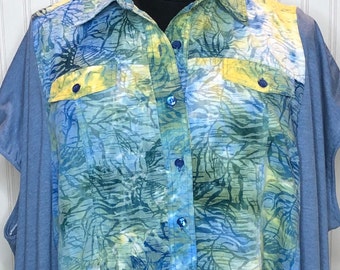 Blue yellow plus size women’s tunic shirt kimono sleeve button front blouse light blue soft shirt floral print summer shirt upcycled