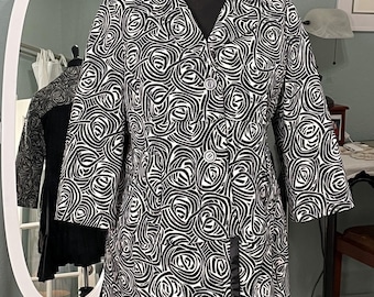 women’s black white swirl pattern plus size cropped jacket upcycled jacket pleated black ruffled flowing back hi lo hem