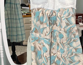 Women’s plus size upcycled one of a kind denim dungaree dress aqua blue light denim pocket apron dress upcycled denim tunic dress