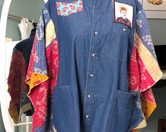 women’s blue denim shirt kantha kimono sleeved red blue cream print kantha cotton plus size upcycle boho jacket lucy love heart appliqué