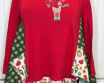 Women’s Christmas tunic upcycled red green Christmas ornaments pocket tunic kimono sleeve ruffled hem Rudolph appliqué