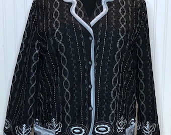 Womens embroidered black silver duster jacket upcycled embroidered silver black flowered tulle skirt black jacket silver embroidery