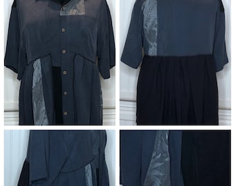 Women’s black gray silk shirt button up tunic upcycled shirt pleated ruffled bottom black crinkle cotton skirted plus size