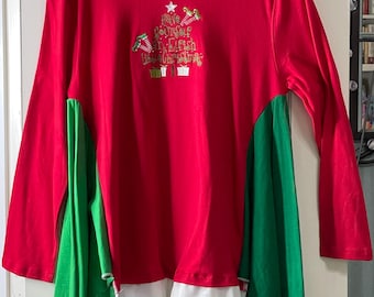 Upcycled Christmas Tunic: elf tree appliqué - Women's L, red, green, white lace,  A line
