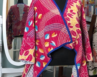 Reversible Kantha Quilted Shrug: blue & tan print, red print, embroidered dandelion denim pockets, Plus Size