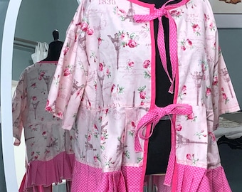 Womens Paris roses print cotton jacket tie front plus size handmade pink hearts peplum top Eiffel Tower print haute couture kimono sleeve