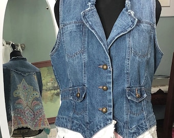 Upcycled Quilted Denim Vest: Women's plus size, boho chic, button front, chenille fringe