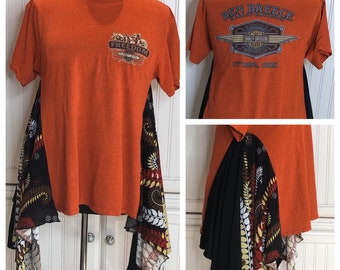 Women’s motorcycle tee shirt Tunic Orange black upcycled Cotton tunic tee shirt short sleeve black paisley two pocket 2X plus size