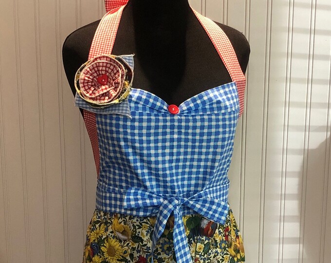 Featured listing image: Womens full apron chicken sunflower yellow blue red gingham ruffles cotton shabby chic rooster print blue red gingham ruffle posh girl apron