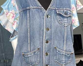 Womens denim duster vest angel sleeves blue white flowered skirted upcycled light blue denim vest upcycled polyester dress rodeo wear