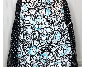 Women’s Aqua Black white cotton jacket upcycled plus size jacket kimono sleeve upcycled polka dot ribbon trim sides