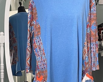 Womens blue orange tee shirt tunic upcycled tee shirts handmade plus size tunic pockets quarter sleeves sporty tunic