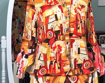 Womens plus size upcycled jacket white daisy Orange poppy print black orange yellow abstract quarter flared sleeve light weight jacket