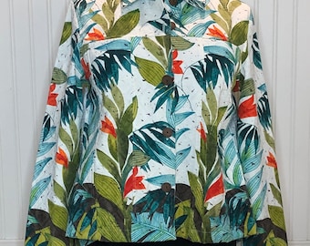 Womens duster jacket green tropical island graphic jacket upcycled white skirt  cruise wear duster light jacket vintage crochet repurposed