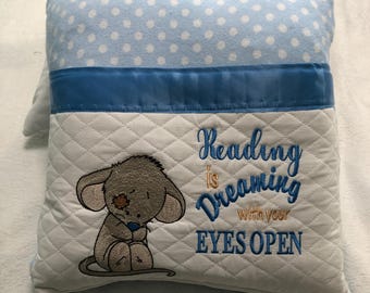 Pocket pillow embroidered child reading pillow embroidered mouse reading quote zip close blue white polka dot blue satin trim