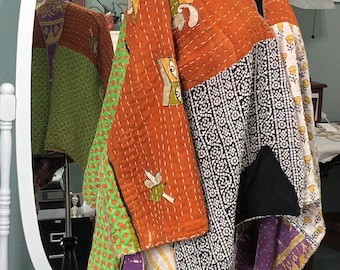Reversible Kantha Quilted Shrug: handmade Cotton Jacket, Sunflower Print