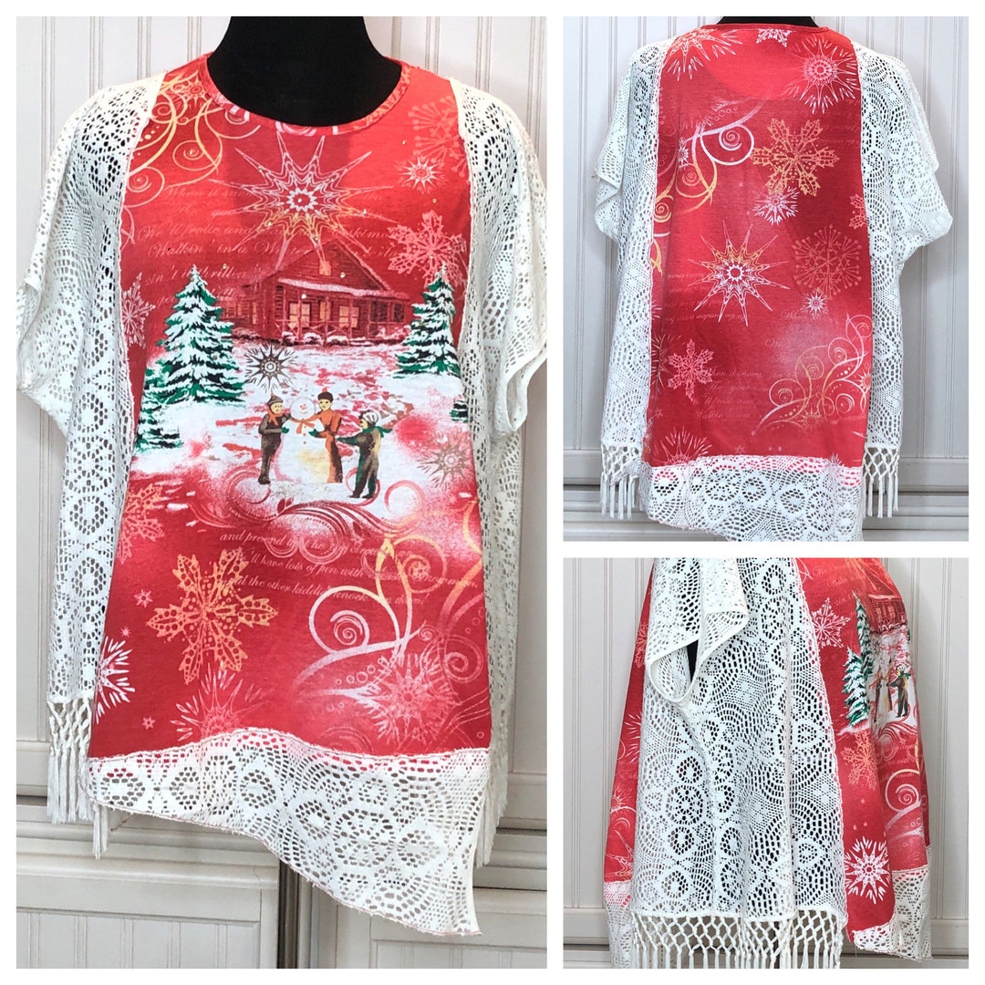 Womens Christmas Tunic Top Red Christmas Scene White Lace Etsy