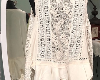 Women’s summer tunic tank top cream white cotton upcycled pop over top sleeveless crochet sides embroidered vintage hanky hem plus size