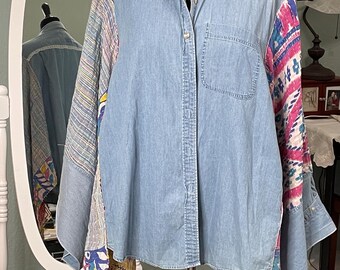 women’s light blue denim shirt kantha kimono sleeved blue patchwork cotton plus size upcycle boho light jacket long kimono vintage lace trim