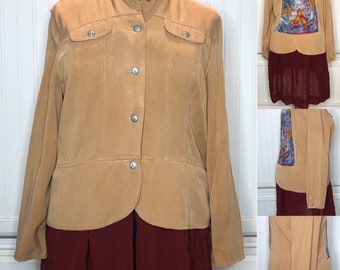 Womens duster jacket camel burgundy light Weight jacket upcycled coat Large back graphic tee inset blue gold burgundy trim