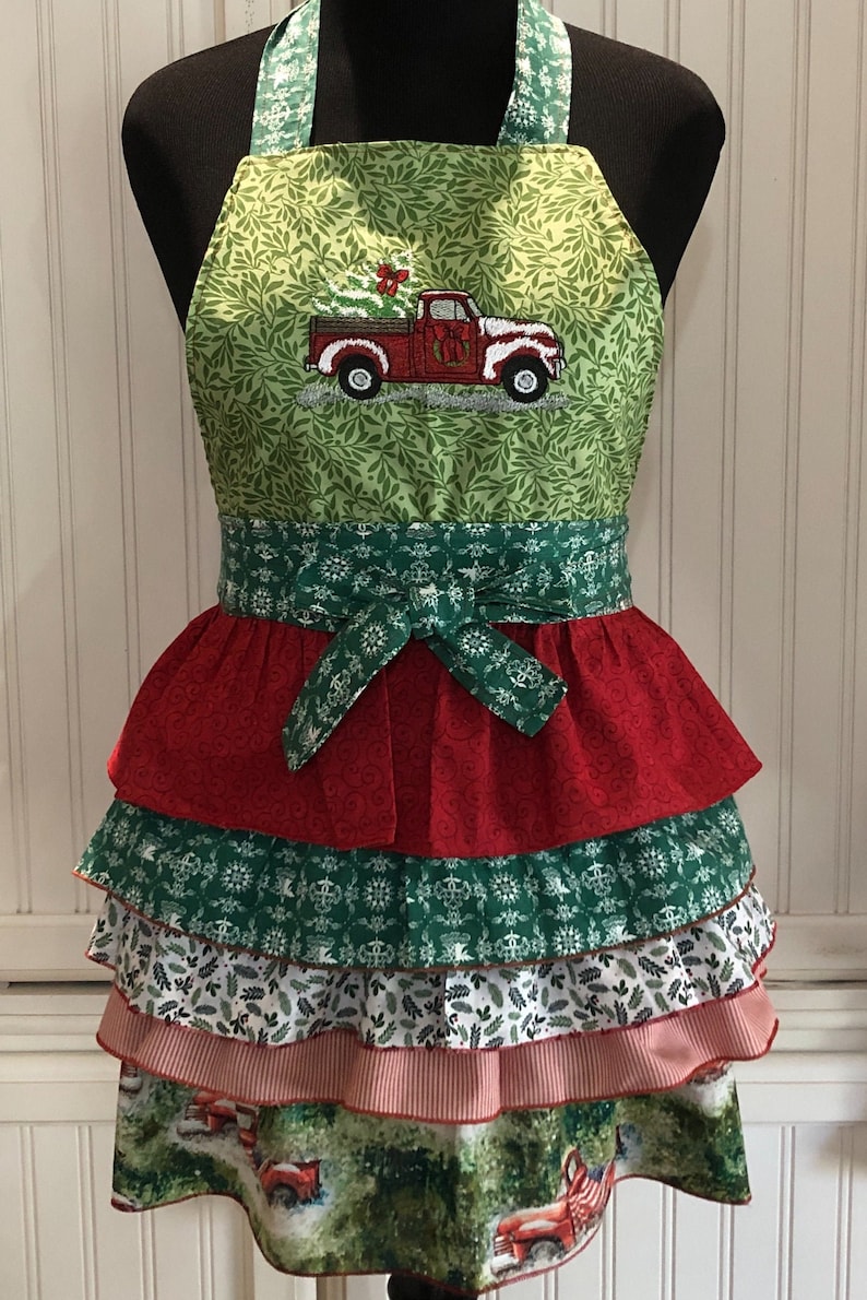 Womens Full Apron Christmas Ruffled Apron Christmas Truck Etsy