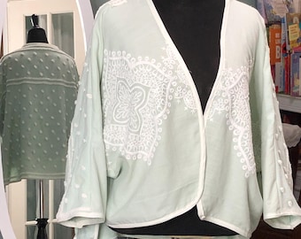 Womens Vintage chenille kimono crop jacket:Aqua green white pops upcycled handmade plus size jacket celery green linen white embroidery