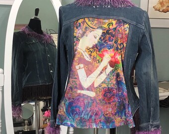 womens upcycled art to wear denim jacket purple fringed hem gems furry cuffs gem buttons geisha lotus flowers back picture messy coquette