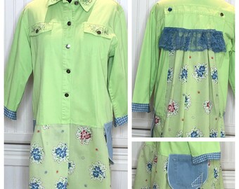 Women’s lime green upcycled jacket denim duster blue green flowered cotton ruffled hem blue vintage lace XL denim pockets blue gingham trim