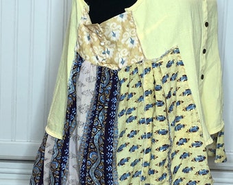 Womens yellow Cotton vest blue yellow navy floral sides two Pocket 2X upcycled vest boho summer light vest rodeo resort wear