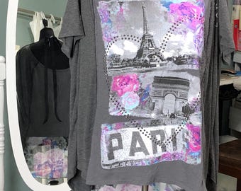 Womens  upcycled tee shirt tunic purple gray Paris graphic upcycled tee round black ribbon tie neck plus size light weight cap sleeve tunic