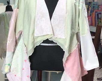 Upcycled vintage hanky Shrug: handmade Cotton Jacket, embroidered pink flowers, white ruffled, green eyelet, pink sheeting