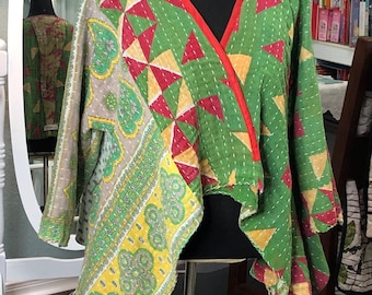 Reversible Kantha Quilted Shrug: Plus Size green yellow red trim short one size light weight