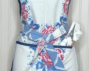 Baker apron gift for her Vintage tablecloth full apron aqua, yellow flowered, red flowered, blue flowered shabby chic large pocket one size