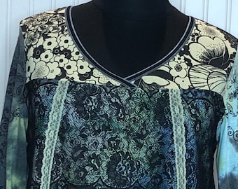 Women’s black green aqua blue plus size tunic top V neck upcycled graphic tee silk back skirted quarter sleeves A line messy coquette tee