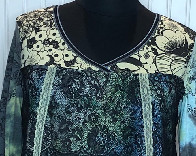Featured listing image: Women’s black green aqua blue plus size tunic top V neck upcycled graphic tee silk back skirted quarter sleeves A line messy coquette tee